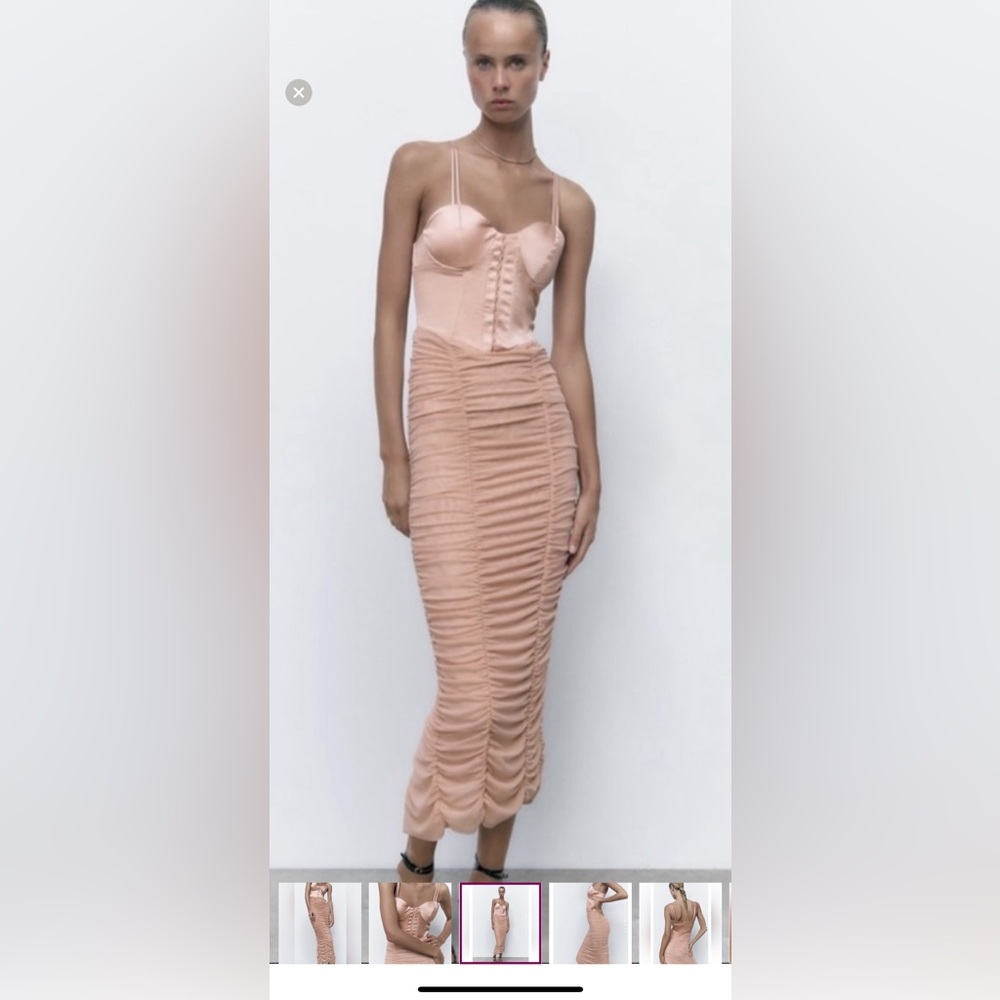 ZARA RUCHED TULLE CORSET DRESS  BEIGE-PINK